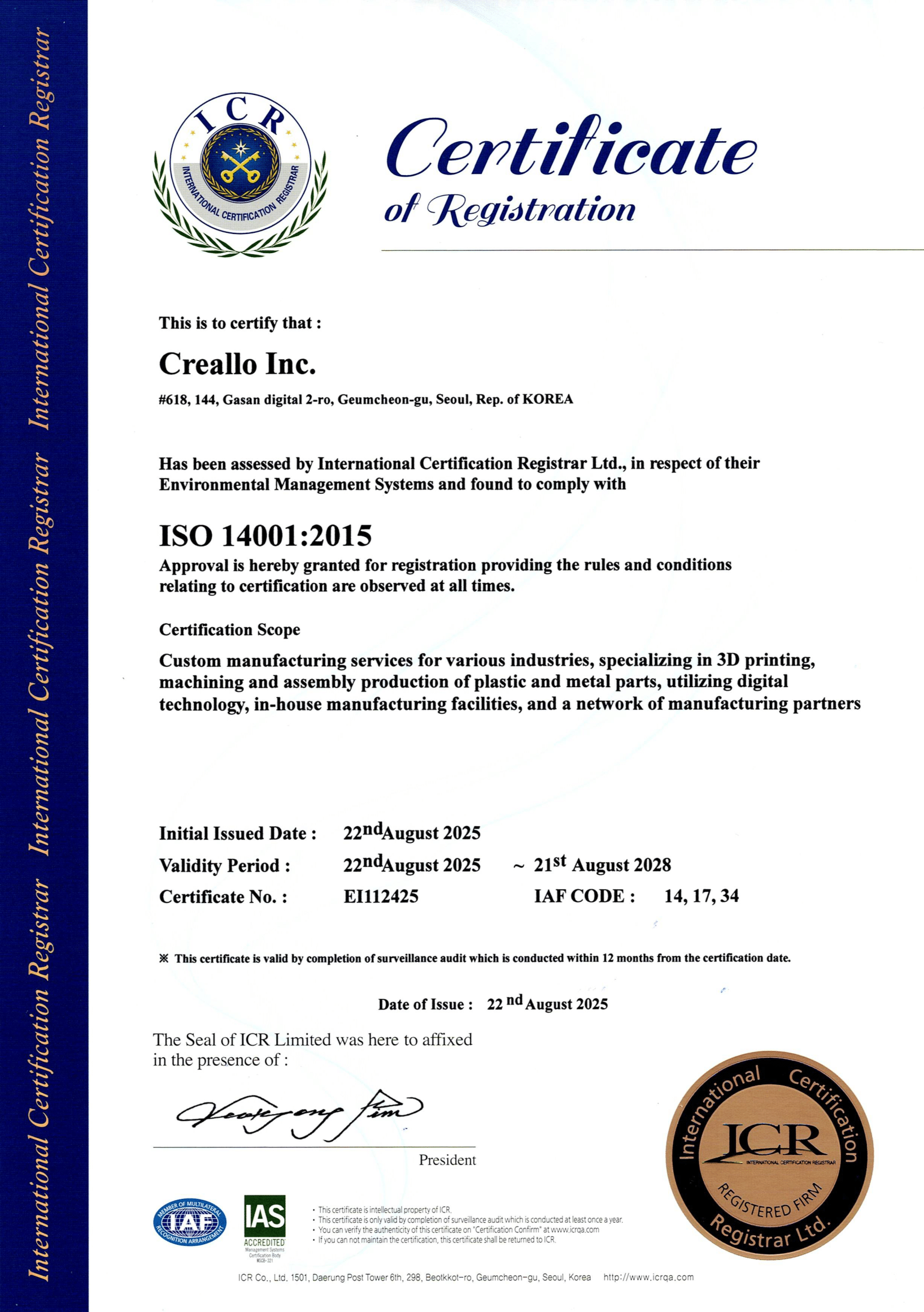 ISO 14001:2015 Certificate